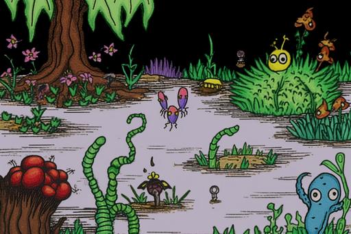screenshot from a SNES platform game, 16-bit snes sprite-based pixel art, cartoon creatures seek treasure chests among monster-plants, pixelpunk --s 500 --weird 500 --ar 3:2 --q 2
