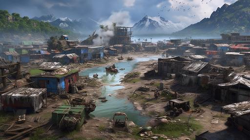 screenshot from a photorealistic 3d game on unreal 5 engine, postapocalyptic landscape with a lot of small details, small barey visiblle, huts, animals, plats, landscape of an apocapocalyptic plane with toxic river and waterfall in the foreground, city and mountains in the backgroundby frederic edwin church and bosh --ar 16:9 --c 44