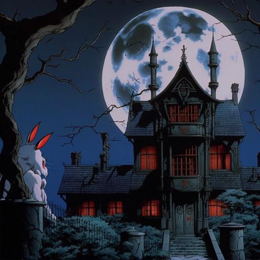 screenshot of bloodborn the anime from a 90's fantasy movie,white rabbit,red moon,black house