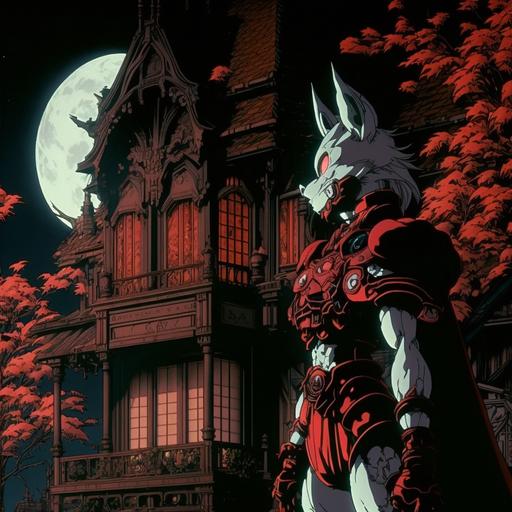 screenshot of bloodborn the anime from a 90's fantasy movie,white rabbit,red moon,black house