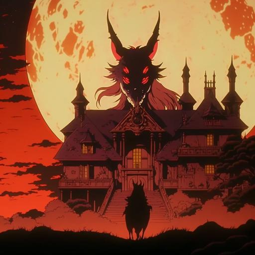 screenshot of bloodborn the anime from a 90's fantasy movie,white rabbit,red moon,black house