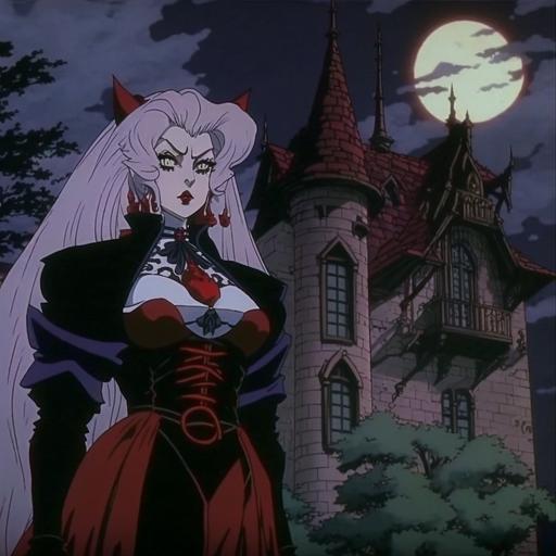 screenshot of bloodborn the anime from a 90's fantasy movie,white rabbit,red moon,black house