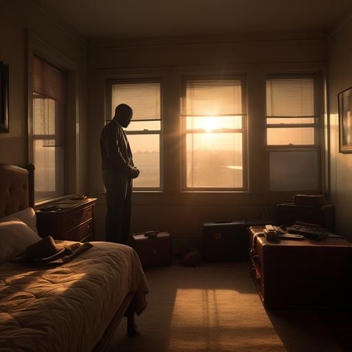 scruffy bedroom, window, single bed, scruffy suitcase, evening light, spartan furniture, plump black man sitting staring out window into the evening light, Edward hopper style, photographic, lonely