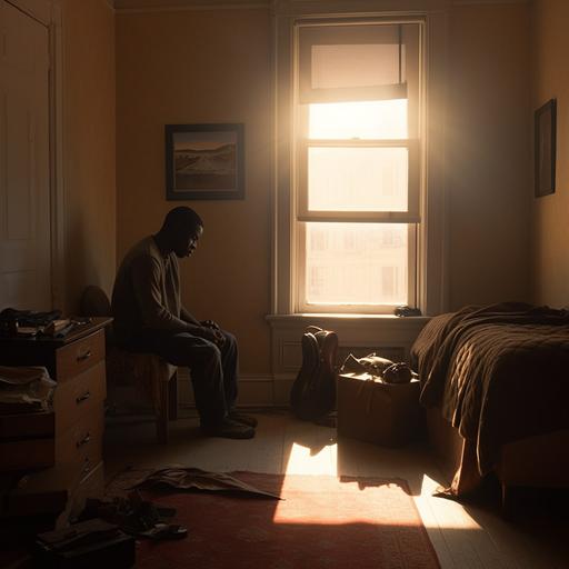 scruffy bedroom, window, single bed, scruffy suitcase, evening light, spartan furniture, lonely plump black man sitting staring out window into the evening light, Edward hopper style, photographic