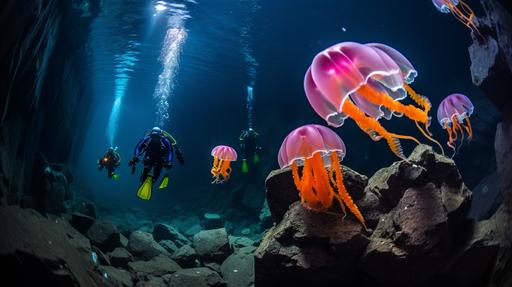 scuba divers with yellow fins in a large rocky underwater cavern come across a family of fluorescent blue pink orange ribbon jellyfish, photo taken with Pentax K 80mm --ar 16:9