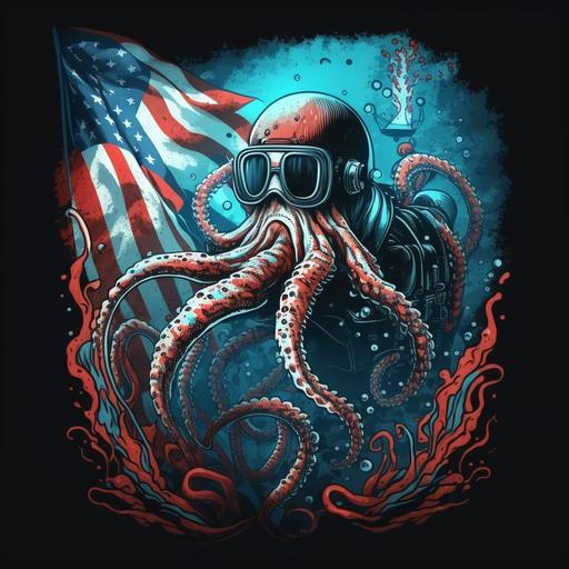 scuba diving themed t-shirt design. Include a large octopus with long tentacles. Diver down flag in the background. Scuba diver with mask and regulator