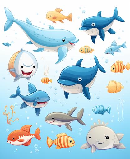 sea animals swimming, cartoon styles, blue ocean, thick lines, --ar 9:11