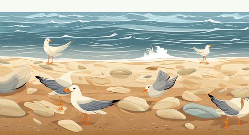 seabirds, sand, and seashells, cartoon style tile --ar 24:13