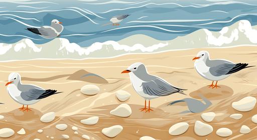 seabirds, sand, and seashells, cartoon style tile --ar 24:13