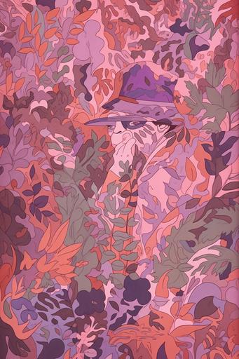 seamless book cover, Harry Eliott colorful lithiograph, pink and brown camouflage man hides in a pastel pink and purple forest pattern --ar 2:3 --v 5