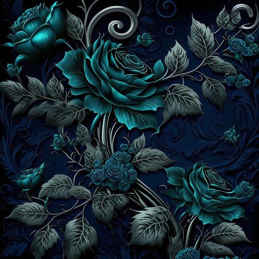 seamless dark blue damask pattern with foiled silver and dark blue roses and foiled green ivy, intricate details, ultra-realistic, beautiful