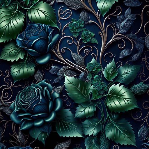 seamless dark blue damask pattern with foiled silver and dark blue roses and foiled green ivy, intricate details, ultra-realistic, beautiful