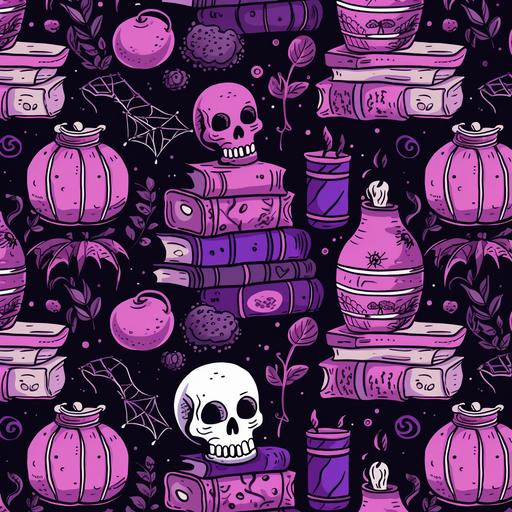 seamless halloween pattern, cute bubbly bookish themed, hues of pink black and purple, hand drawn