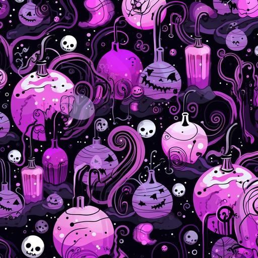 seamless halloween pattern, cute bubbly bookish themed, hues of pink black and purple, hand drawn