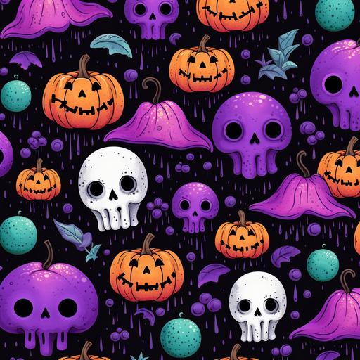 seamless halloween pattern, cute bubbly bookish themed, pumpkins ghosts and skulls, hues of pink black purple green and orange, hand drawn