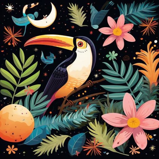 seamless pattern design of a toucan montsera leaves and stars moons flat design simple shapes bold colors colorful burned pink background highly detailed, sun flowers and leaves, very defined, high resolution