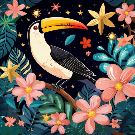 seamless pattern design of a toucan montsera leaves and stars moons flat design simple shapes bold colors colorful burned pink background highly detailed, sun flowers and leaves, very defined, high resolution