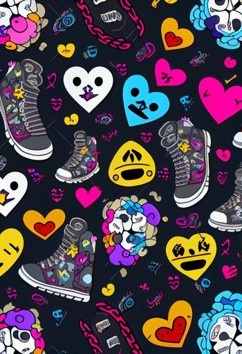 seamless pattern different colors in the style of undertale , with monsters ,nike air shoes , hearts , diamonds and social icons --ar 2:3 --stylize 750 --q 4 --style 4b --q 2 --upbeta --s 750