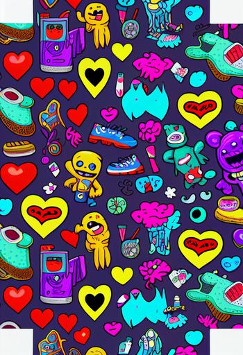 seamless pattern different colors in the style of undertale , with monsters ,nike air shoes , hearts , diamonds and social icons --ar 2:3 --stylize 750 --q 4 --style 4b --q 2 --upbeta --s 750
