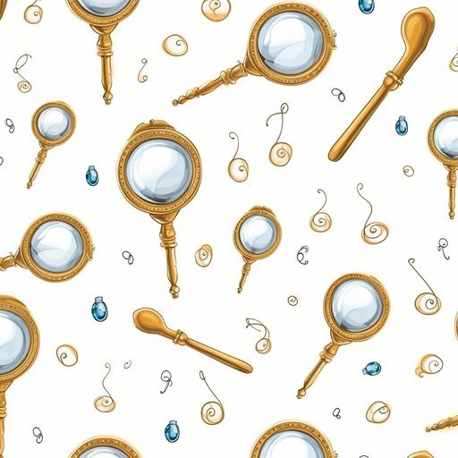 seamless pattern, gold magnifying glasses, cartoon style, white background