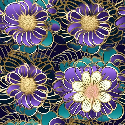 seamless pattern of a blue, green and gold print on a fabric fabric, in the style of hashimoto gahō, light sky-blue and dark purple, satoshi kon, opulent ornaments, pink and indigo, handcrafted designs, hideyuki kikuchi --tile --s 250 --v 5.1