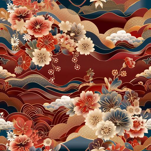 seamless pattern of japanese fabric in a red color with beautiful flowers, in the style of light crimson and gold, floral accents, light maroon and sky-blue, layered fabrications --tile