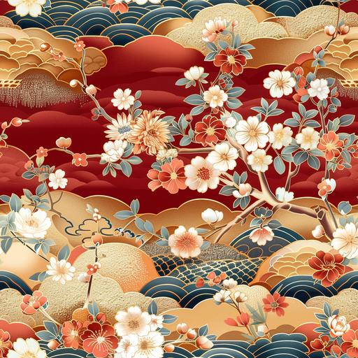 seamless pattern of japanese fabric in a red color with beautiful flowers, in the style of light crimson and gold, floral accents, light maroon and sky-blue, layered fabrications --tile --s 250