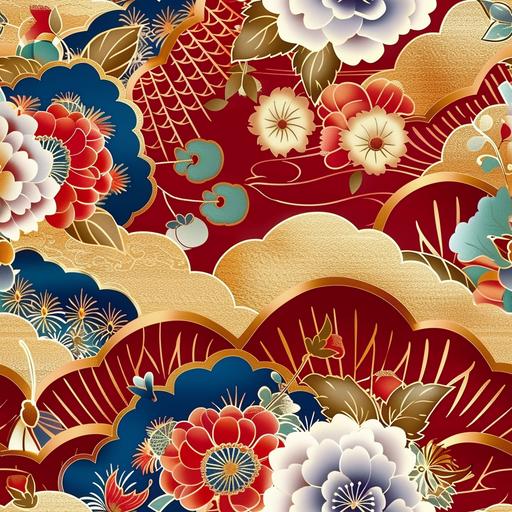seamless pattern of japanese fabric in a red color with beautiful flowers, in the style of light crimson and gold, floral accents, light maroon and sky-blue, layered fabrications --tile