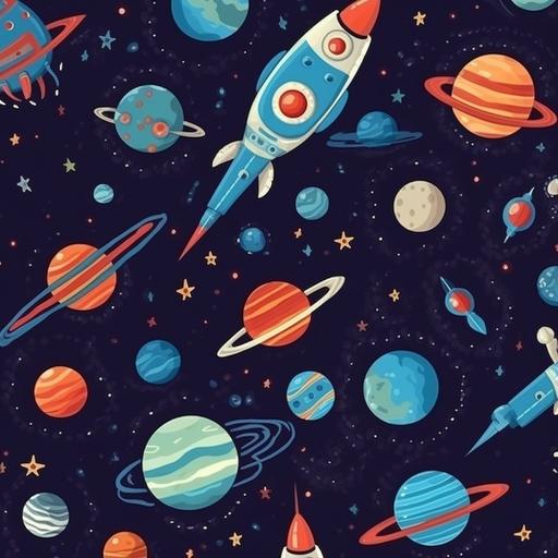 seamless pattern of space, include cartoon planets and rocket ships. High quality --v 5 --q 2