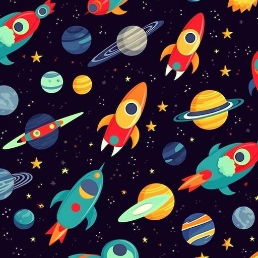 seamless pattern of space, include cartoon planets and rocket ships. High quality with a transparent background --v 5 --q 2