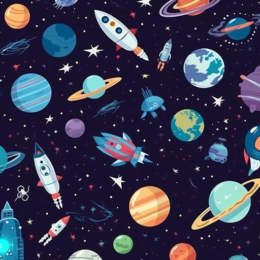 seamless pattern of space, include cartoon planets and rocket ships. High quality with a transparent background --v 5 --q 2