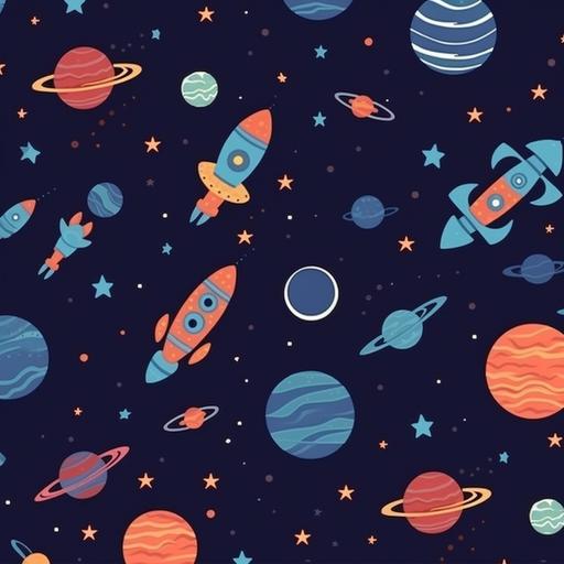 seamless pattern of space, include cartoon planets and rocket ships. High quality with a transparent background --v 5 --q 2