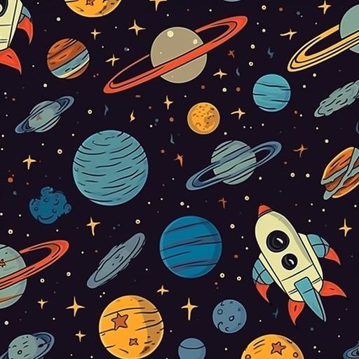 seamless pattern of space, include planets and rocket ships cartoon style --v 5 --q 2