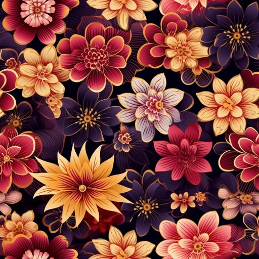 seamless pattern of the flower pattern in pink, yellow and red, in the style of japanese-inspired motifs, dark gold and purple, --tile --v 5.2