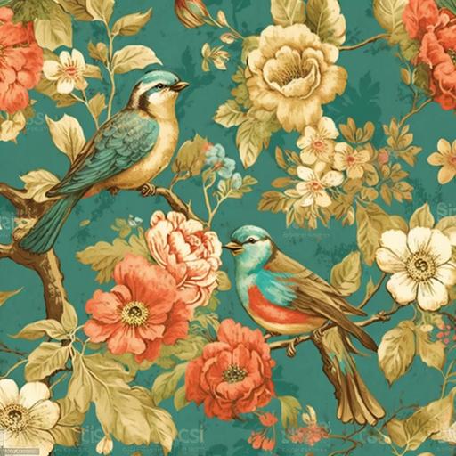 seamless pattern, vintage shabby chic, vintage 1950s floral , with vintage birds, tileable wallpaper design