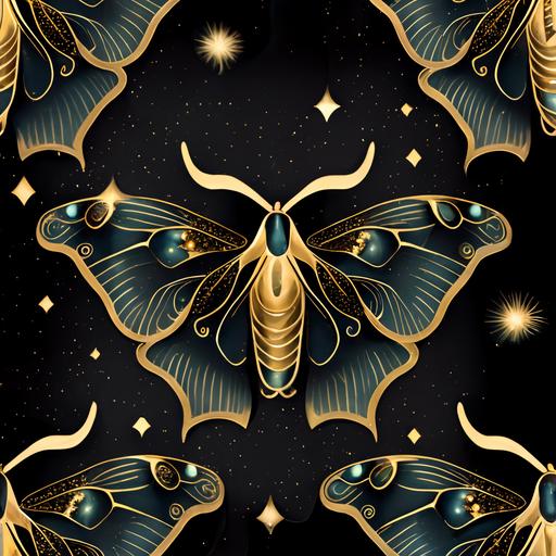 seamless patterns of Luna moths, wallpaper, art deco elements, vector style, galaxy gold stars on black background
