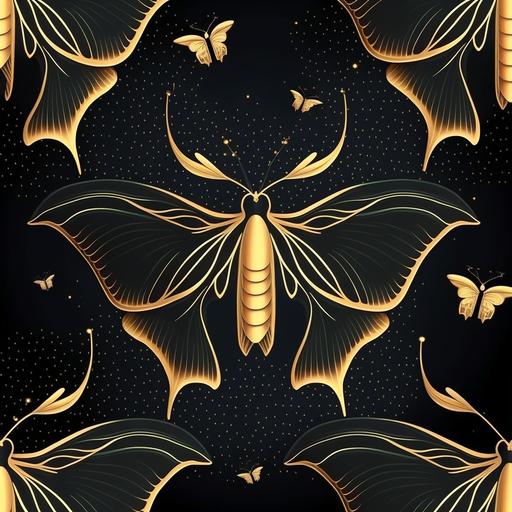 seamless patterns of Luna moths, wallpaper, art deco elements, vector style, galaxy gold stars on black background