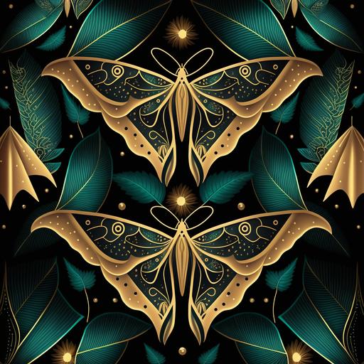 seamless patterns of Luna moths, wallpaper, art deco, symmetrical triangle design, all seeing eye, textured forest colors, vector style, galaxy gold stars on black background, sacred geometry