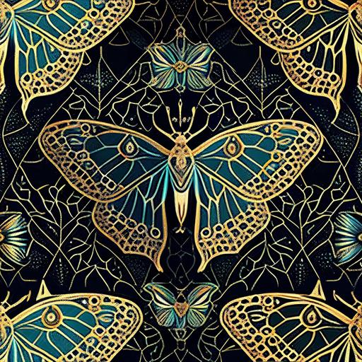 seamless patterns of Luna moths, wallpaper, art deco, symmetrical triangle design, all seeing eye, textured forest colors, vector style, galaxy gold stars on black background, sacred geometry