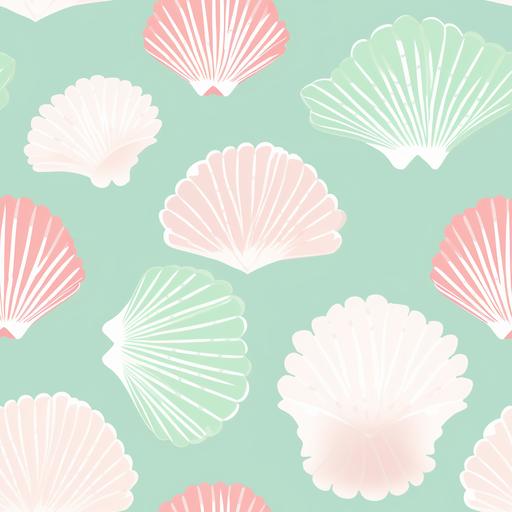 seamless seashell scallop shell print, 1990s fashion print, light pink and mint green] seamless pattern, some negative space, vector style, procreate style, pastel colorbook, --tile
