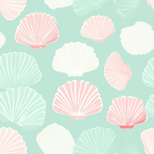 seamless seashell scallop shell print, 1990s fashion print, light pink and mint green] seamless pattern, some negative space, vector style, procreate style, pastel colorbook, --tile