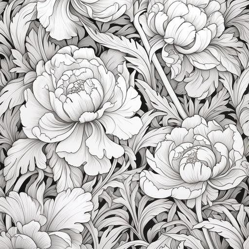 seamless technical drawing william morris wallpaper, colouring book page, greyscale --v 5.2