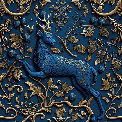 seamless wallpaper, medieval tapestry, deer eat grapes leaf, scroll, intricate, detailed, blue, cobalt