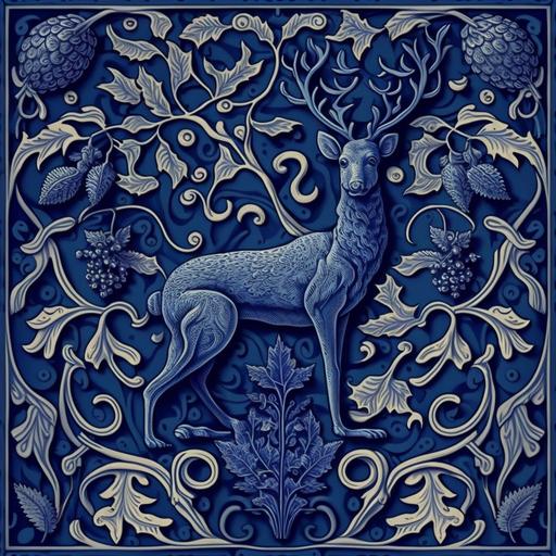 seamless wallpaper, medieval tapestry, deer eat grapes leaf, scroll, intricate, detailed, blue, cobalt