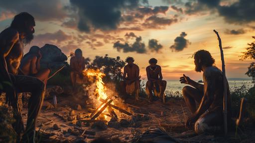 seaside,Long Shot,Hemudu,a group prehistoric man,Surrounding the bonfire,Stone Age,Stone adze, stone chisel, stone arrowhead,HD,photography,sony --ar 16:9 --v 6.0