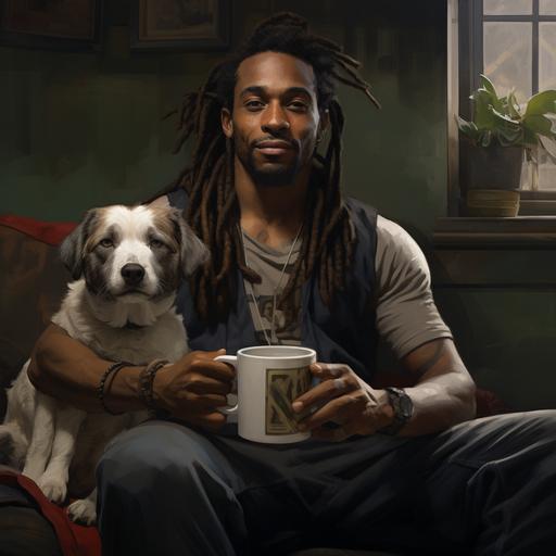 seatted very handsome black man with dreadlocks, holding a coffee mug in his hands, white dog seatted next to him