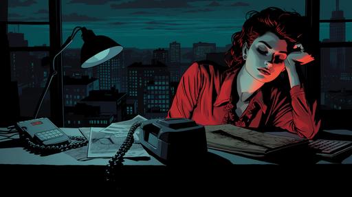 secretary sleeping at their desk, red telephone off the hook, dark comic book style --ar 16:9