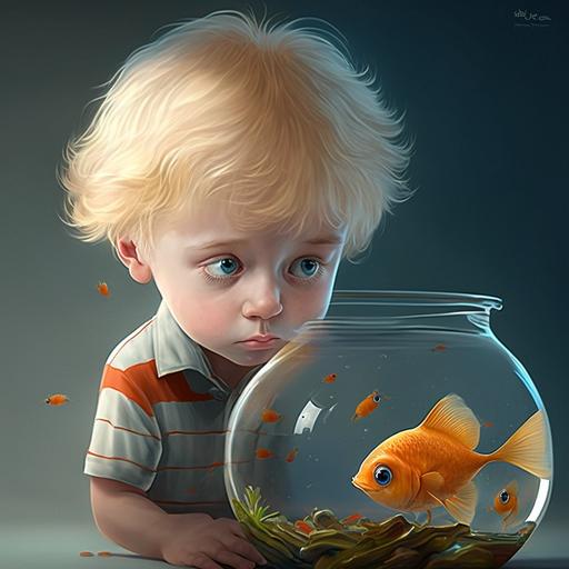 seed 2991581374, little boy 3 years, blond, straight hair, blue eyes, feed the goldfish, cartoon style