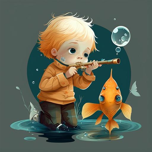 seed 2991581374, little boy 3 years, blond, straight hair, blue eyes, plays the flute next to the goldfish, cartoon style