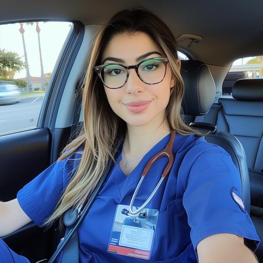 selfie of a beautiful nurse in blue scrubs, sitting on the passenger side wearing glasses and holding her work badge while waiting for her car service at a newport beach hosptital, taken in the style of an iphone
